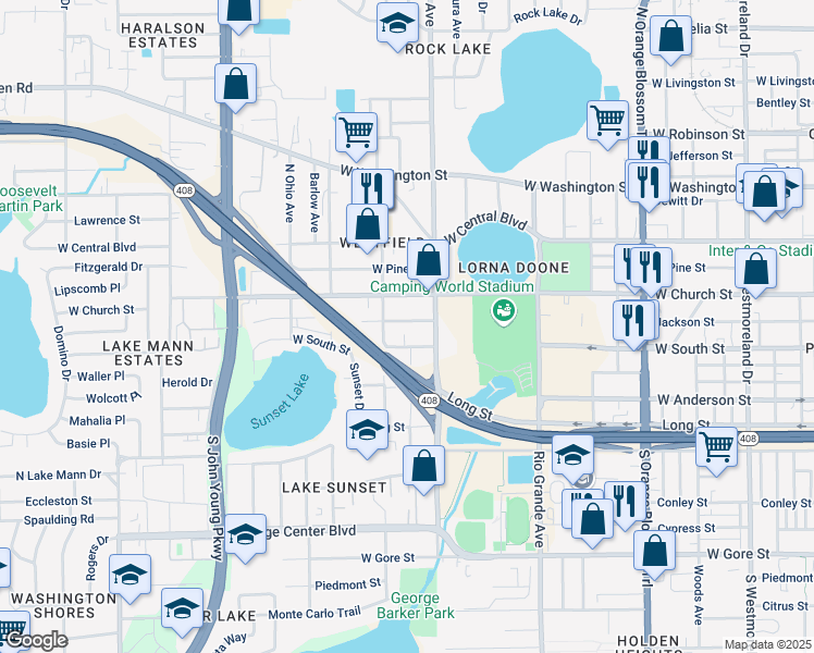 map of restaurants, bars, coffee shops, grocery stores, and more near 2026 West Jackson Street in Orlando