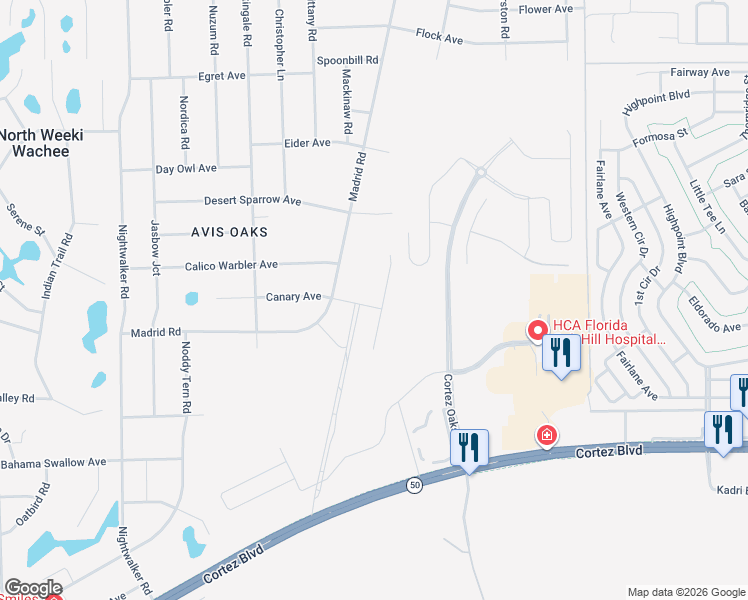 map of restaurants, bars, coffee shops, grocery stores, and more near 11081 Canary Avenue in Spring Hill