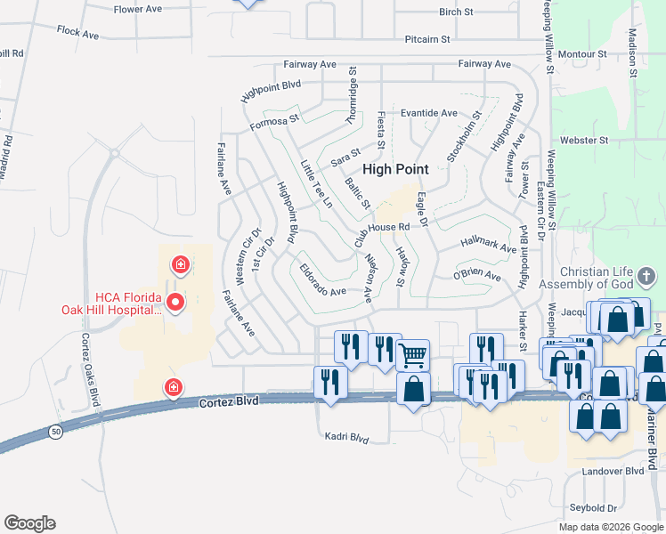 map of restaurants, bars, coffee shops, grocery stores, and more near 12102 Club House Road in Brooksville