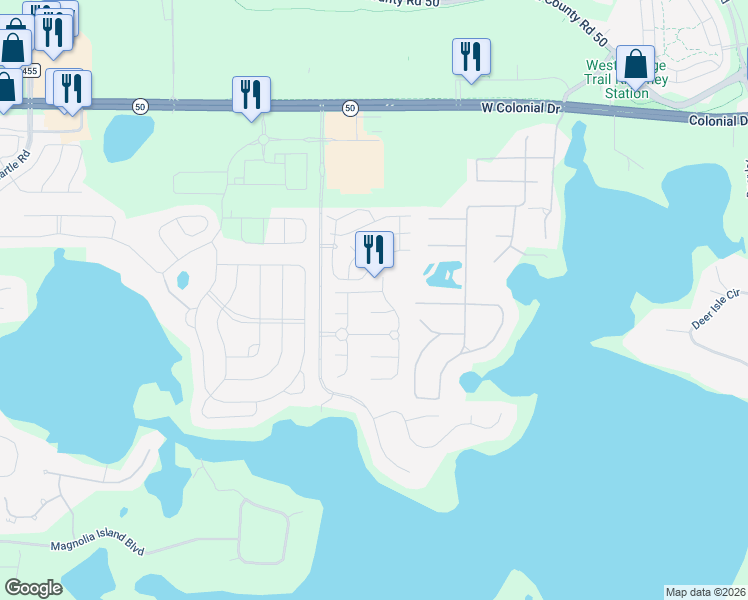 map of restaurants, bars, coffee shops, grocery stores, and more near 17426 Summer Oak Lane in Clermont