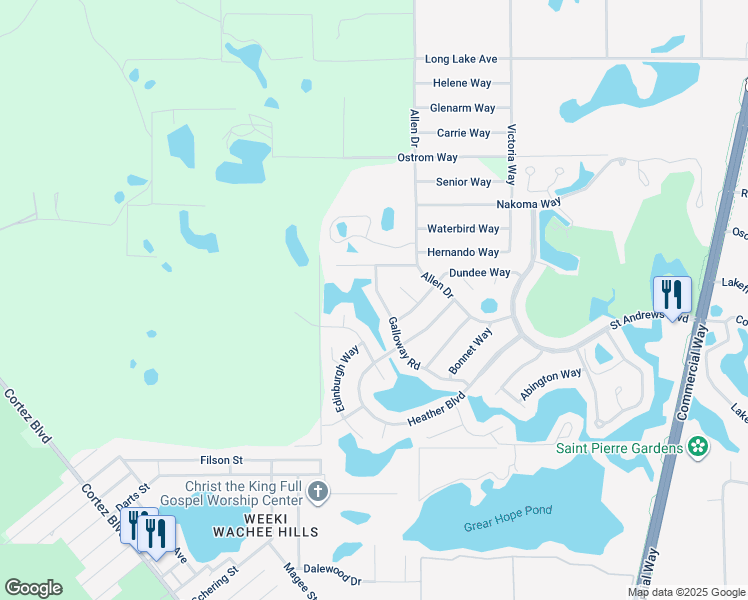 map of restaurants, bars, coffee shops, grocery stores, and more near 7449 Galloway Road in Weeki Wachee