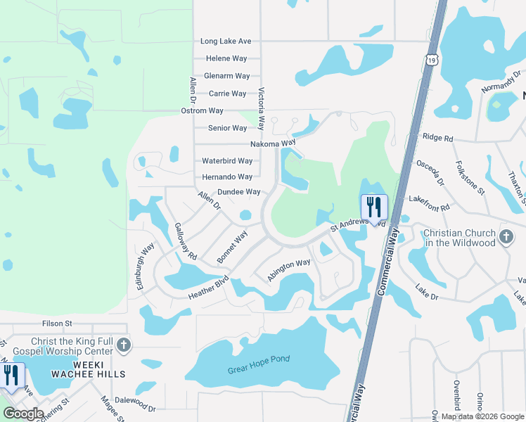 map of restaurants, bars, coffee shops, grocery stores, and more near 7686 Saint Andrews Boulevard in Brooksville
