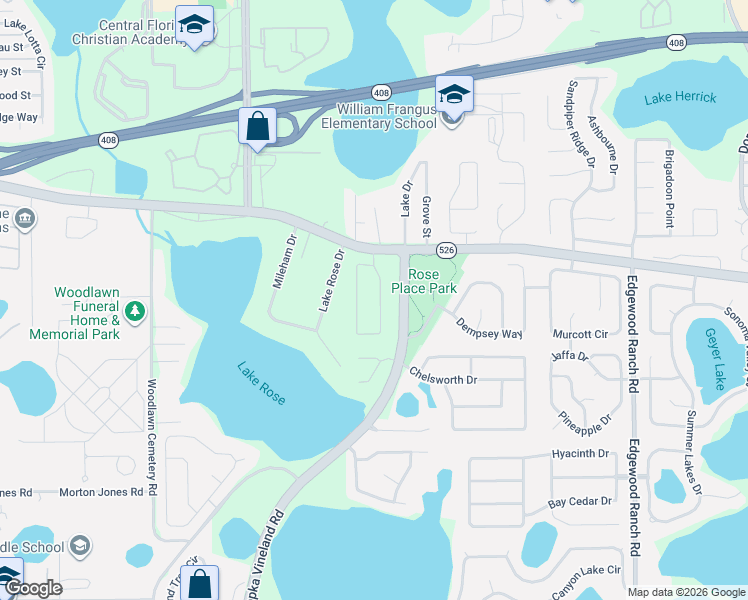 map of restaurants, bars, coffee shops, grocery stores, and more near 130 Red Rose Circle in Orlando