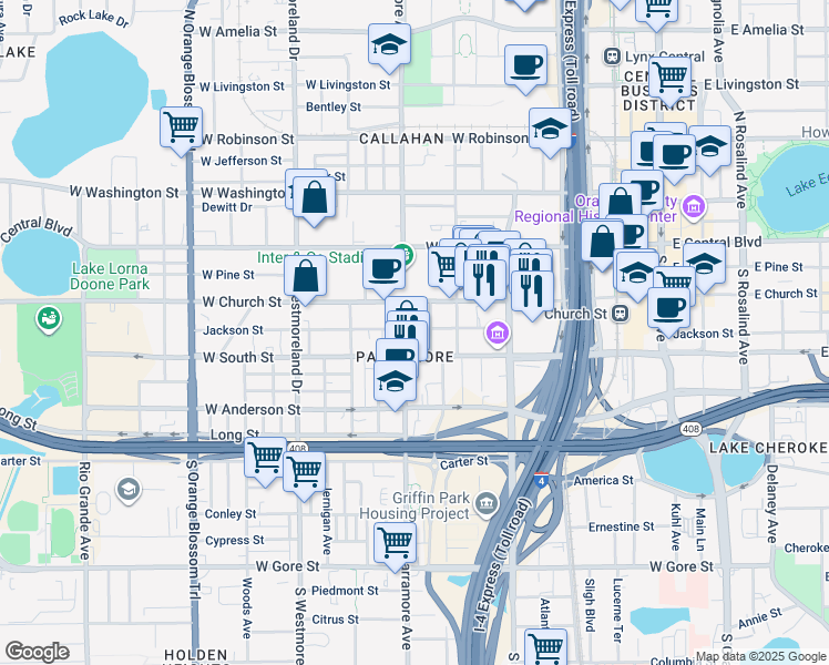 map of restaurants, bars, coffee shops, grocery stores, and more near in Orlando