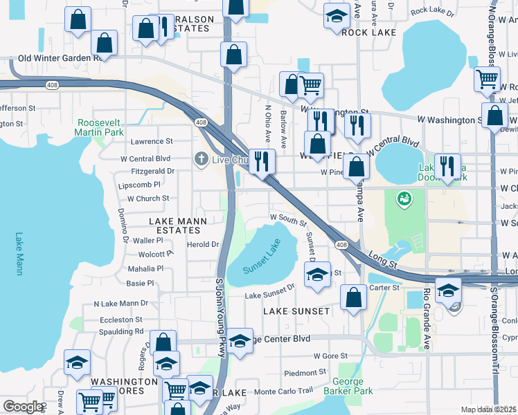 map of restaurants, bars, coffee shops, grocery stores, and more near 2324 West Jackson Street in Orlando
