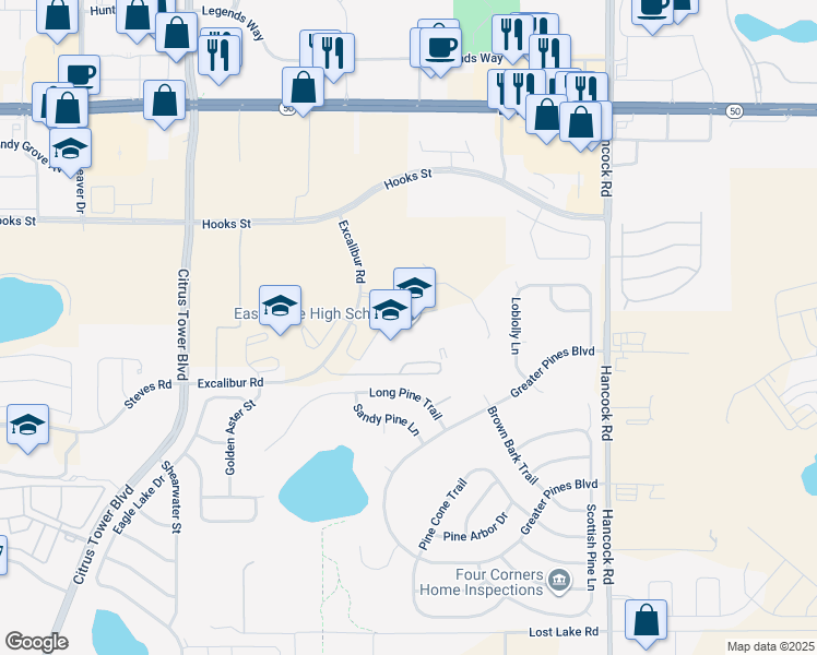 map of restaurants, bars, coffee shops, grocery stores, and more near 13322 Excalibur Road in Clermont