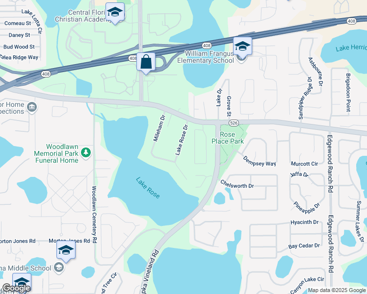map of restaurants, bars, coffee shops, grocery stores, and more near 133 Lake Rose Drive in Orlando