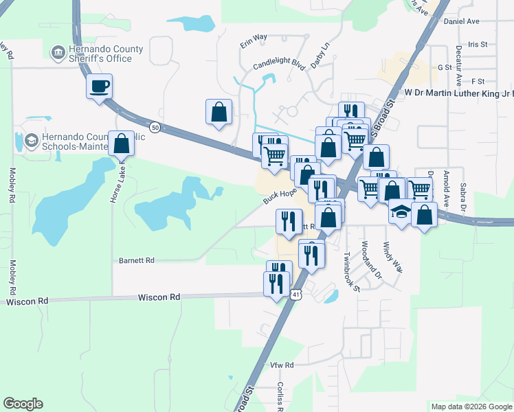 map of restaurants, bars, coffee shops, grocery stores, and more near 7395 Buck Hope Road in Brooksville