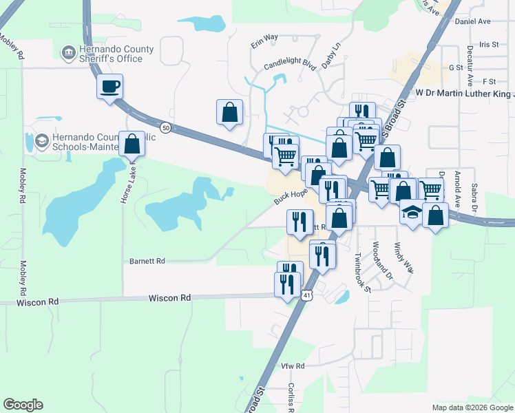 map of restaurants, bars, coffee shops, grocery stores, and more near 7395 Buck Hope Road in Brooksville