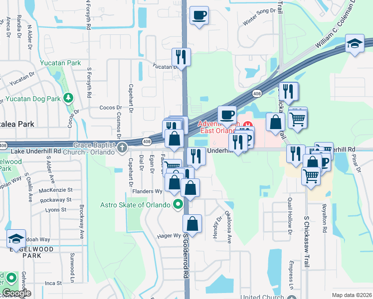map of restaurants, bars, coffee shops, grocery stores, and more near 407 South Goldenrod Road in Orlando