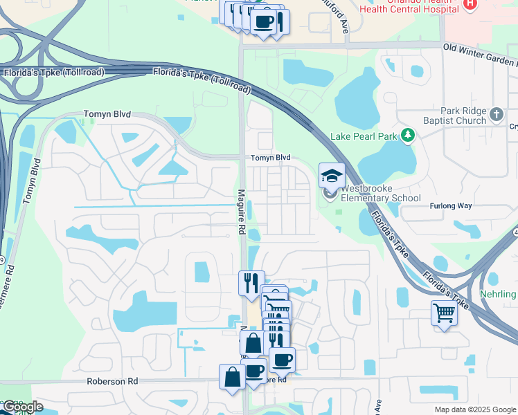 map of restaurants, bars, coffee shops, grocery stores, and more near 179 Spruce Pine Road in Ocoee