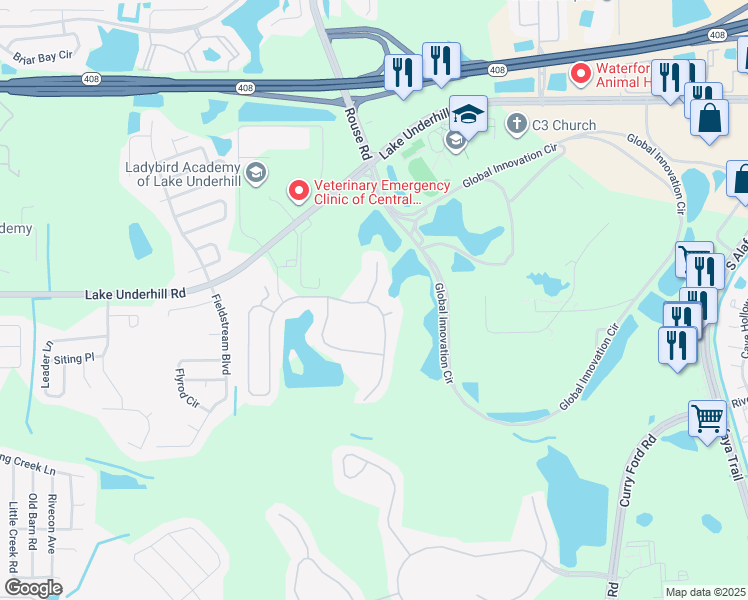 map of restaurants, bars, coffee shops, grocery stores, and more near 345 Cape Sable Drive in Orlando