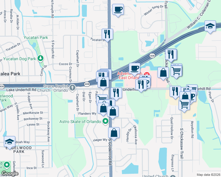 map of restaurants, bars, coffee shops, grocery stores, and more near 407 South Goldenrod Road in Orlando