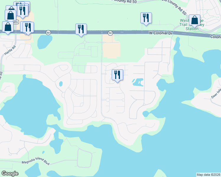 map of restaurants, bars, coffee shops, grocery stores, and more near 17320 Summer Oak Lane in Clermont