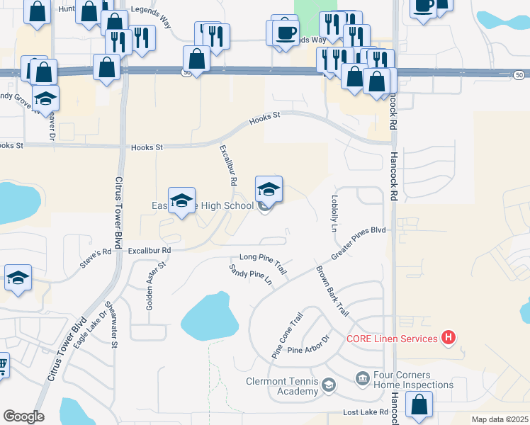 map of restaurants, bars, coffee shops, grocery stores, and more near 13322 Excalibur Road in Clermont