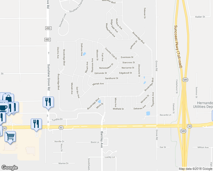 map of restaurants, bars, coffee shops, grocery stores, and more near 7439 Moriah Avenue in Brooksville