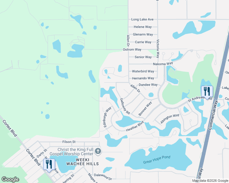 map of restaurants, bars, coffee shops, grocery stores, and more near 7396 Larbert Court in Spring Hill