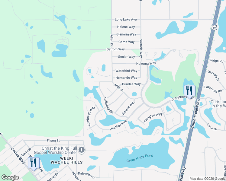 map of restaurants, bars, coffee shops, grocery stores, and more near 7410 Dundee Court in Weeki Wachee