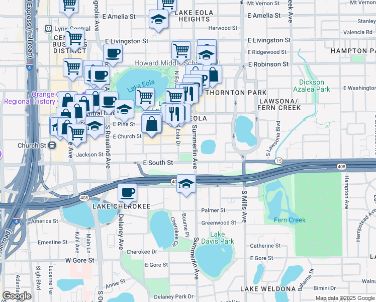 map of restaurants, bars, coffee shops, grocery stores, and more near 647 East Jackson Street in Orlando