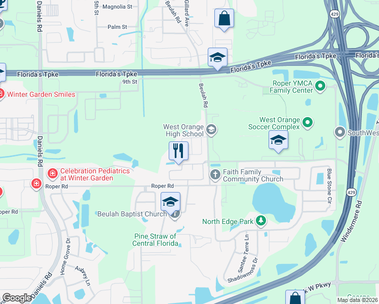map of restaurants, bars, coffee shops, grocery stores, and more near 766 Citrus Drive in Winter Garden