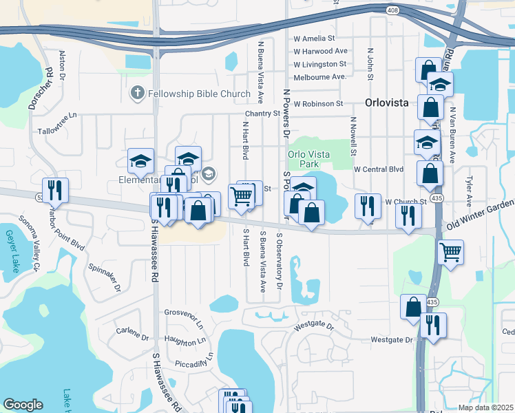 map of restaurants, bars, coffee shops, grocery stores, and more near 110 South Buena Vista Avenue in Orlando