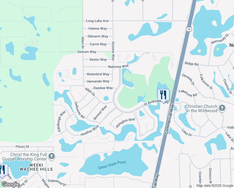 map of restaurants, bars, coffee shops, grocery stores, and more near 7696 Saint Andrews Boulevard in Weeki Wachee
