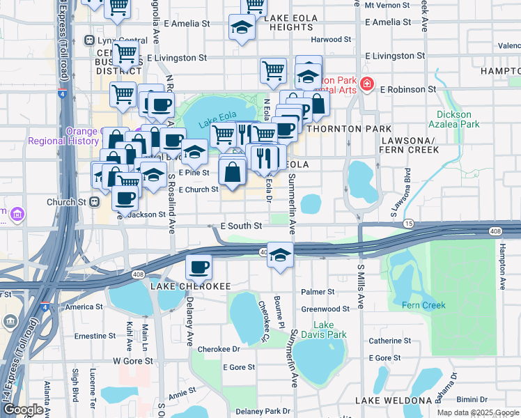 map of restaurants, bars, coffee shops, grocery stores, and more near 525 East Jackson Street in Orlando