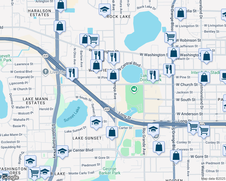 map of restaurants, bars, coffee shops, grocery stores, and more near 2026 West Jackson Street in Orlando