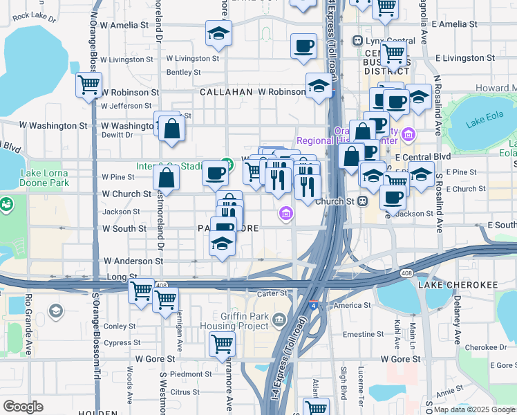 map of restaurants, bars, coffee shops, grocery stores, and more near 580 West Jackson Street in Orlando