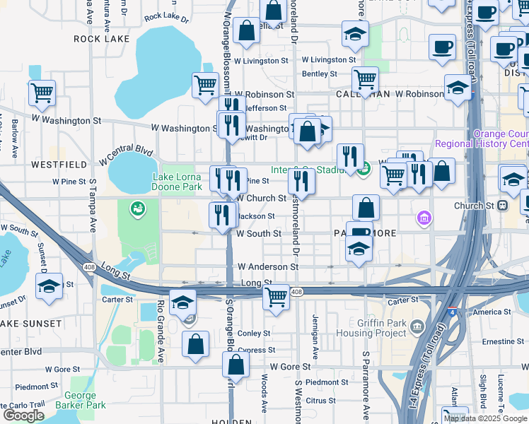 map of restaurants, bars, coffee shops, grocery stores, and more near in Orlando