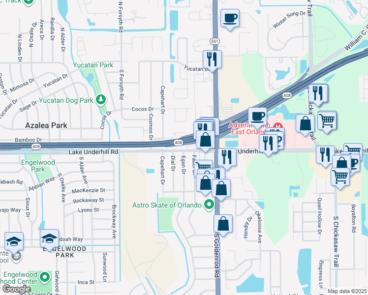 map of restaurants, bars, coffee shops, grocery stores, and more near 402 Faber Drive in Orlando