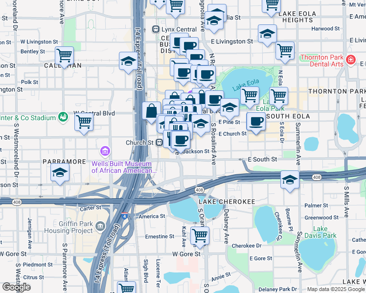 map of restaurants, bars, coffee shops, grocery stores, and more near 255 South Orange Avenue in Orlando