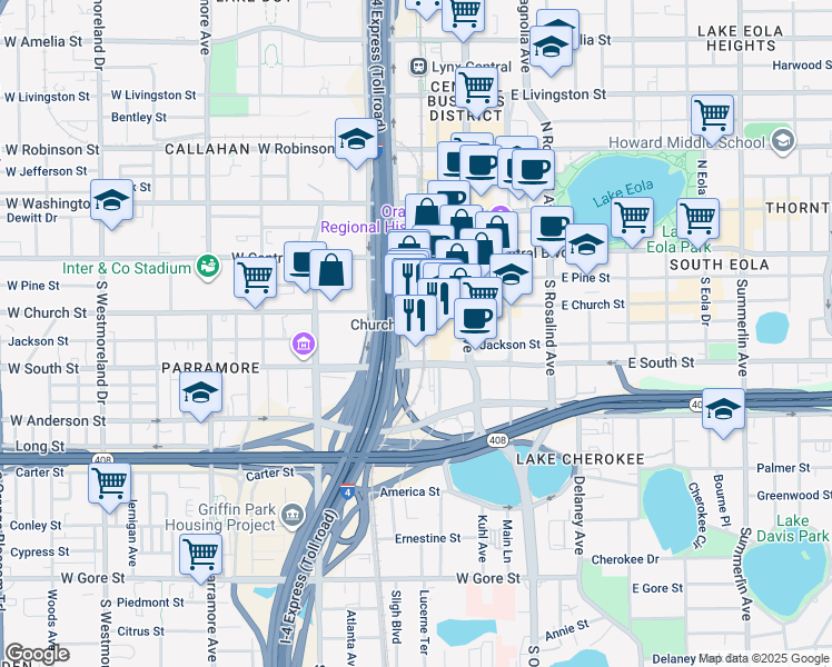 map of restaurants, bars, coffee shops, grocery stores, and more near 323 South Garland Avenue in Orlando