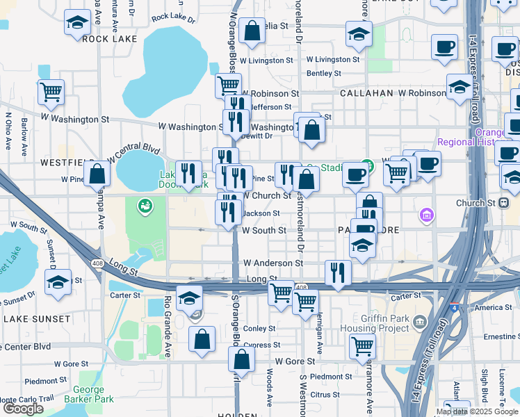 map of restaurants, bars, coffee shops, grocery stores, and more near 1218 Jackson Street in Orlando