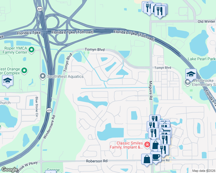map of restaurants, bars, coffee shops, grocery stores, and more near 337 Laurenburg Lane in Ocoee