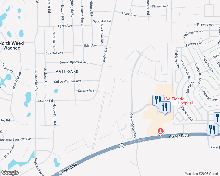 map of restaurants, bars, coffee shops, grocery stores, and more near 11081 Canary Avenue in Spring Hill