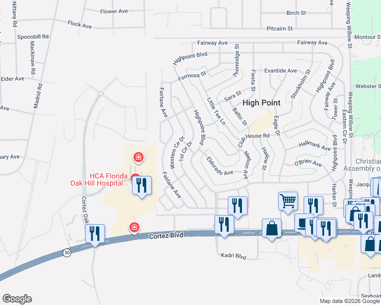 map of restaurants, bars, coffee shops, grocery stores, and more near 7495 Highpoint Boulevard in Brooksville