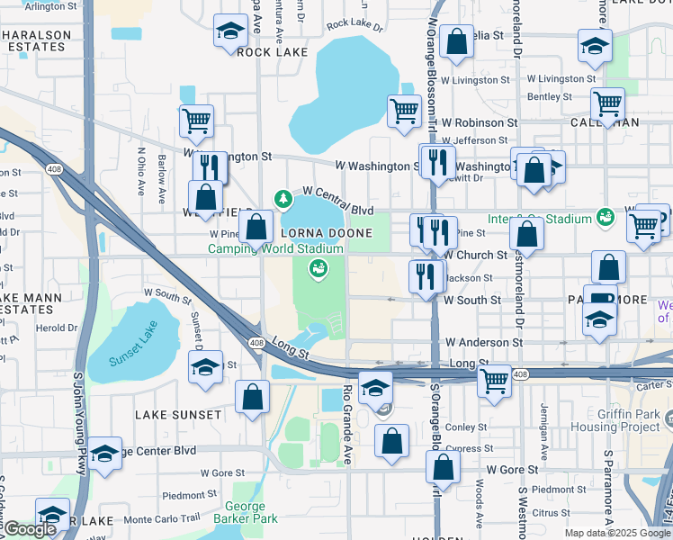 map of restaurants, bars, coffee shops, grocery stores, and more near 1610 West Church Street in Orlando