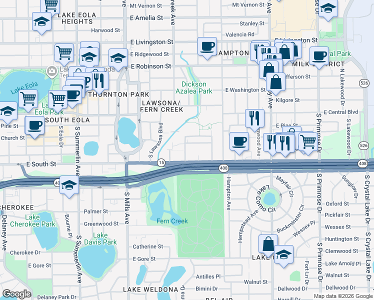 map of restaurants, bars, coffee shops, grocery stores, and more near 334 Johnson Court in Orlando
