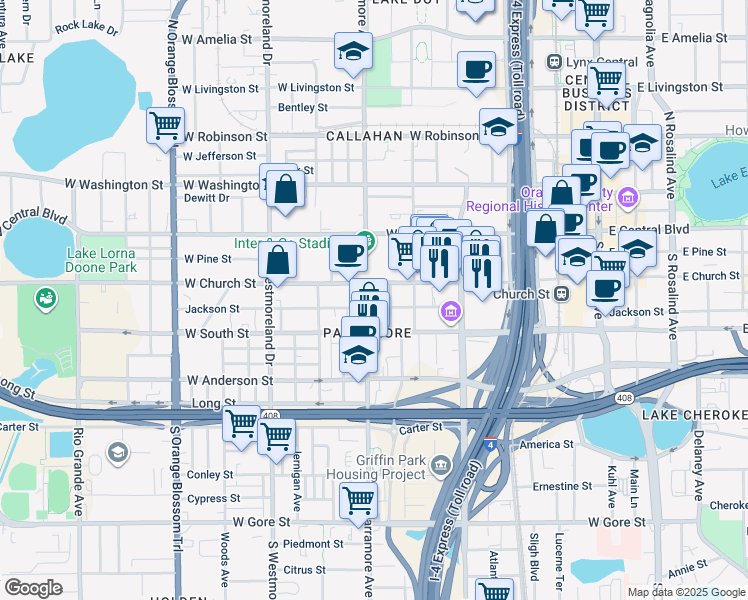 map of restaurants, bars, coffee shops, grocery stores, and more near in Orlando