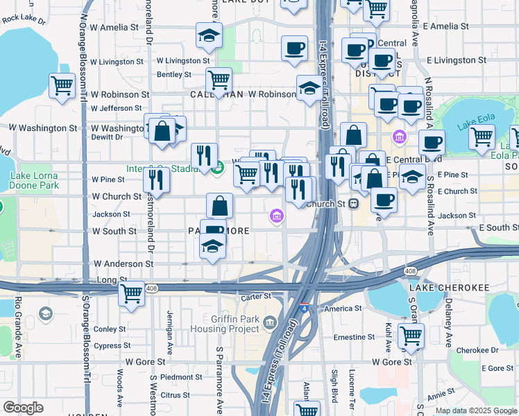 map of restaurants, bars, coffee shops, grocery stores, and more near 580 West Jackson Street in Orlando