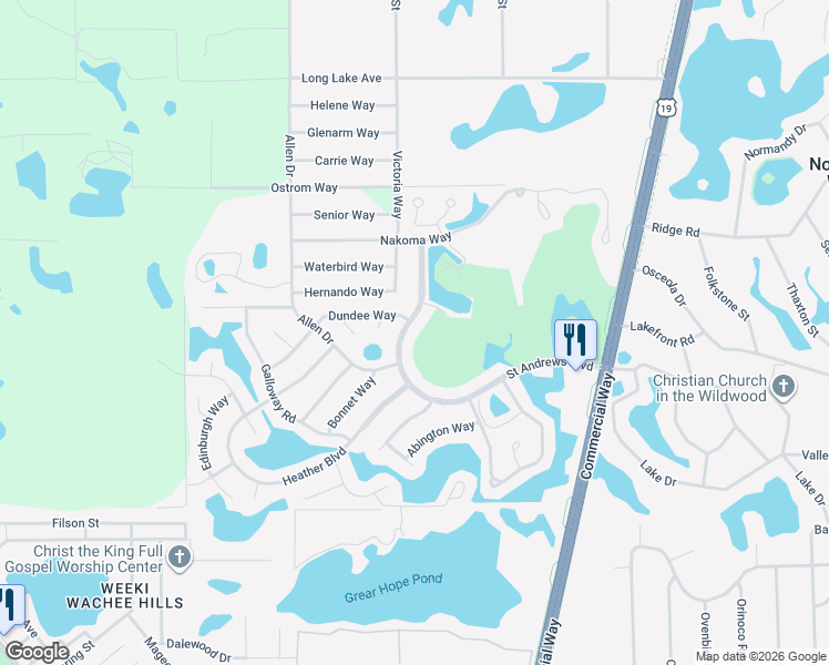 map of restaurants, bars, coffee shops, grocery stores, and more near 7704 Saint Andrews Boulevard in Weeki Wachee