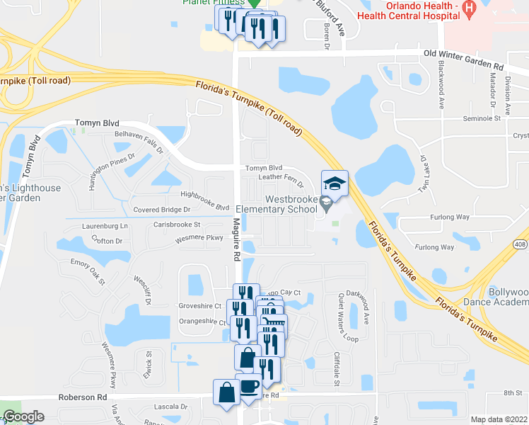 map of restaurants, bars, coffee shops, grocery stores, and more near 286 Spruce Pine Road in Ocoee