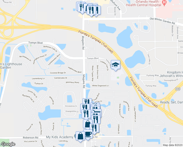 map of restaurants, bars, coffee shops, grocery stores, and more near 198 Spruce Pine Road in Ocoee