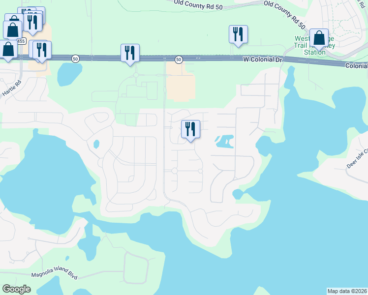 map of restaurants, bars, coffee shops, grocery stores, and more near 17426 Summer Oak Lane in Clermont