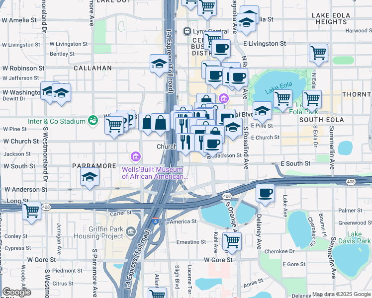 map of restaurants, bars, coffee shops, grocery stores, and more near 323 South Garland Avenue in Orlando