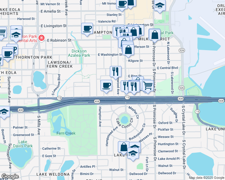 map of restaurants, bars, coffee shops, grocery stores, and more near 2113 East South Street in Orlando
