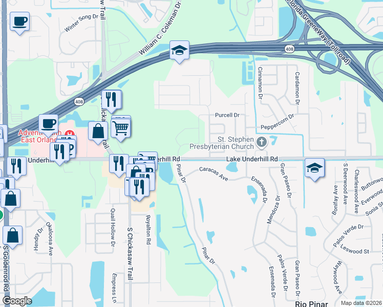 map of restaurants, bars, coffee shops, grocery stores, and more near 8275 Lake Underhill Road in Orlando