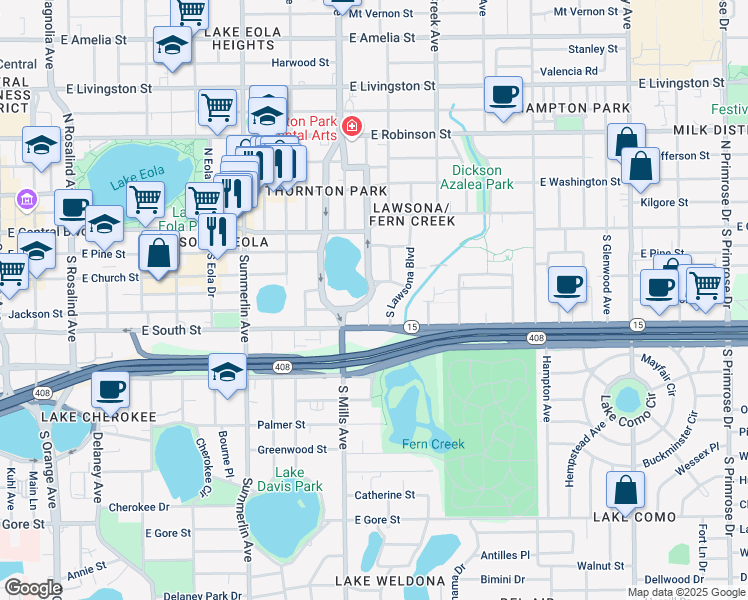 map of restaurants, bars, coffee shops, grocery stores, and more near 317 South Brown Avenue in Orlando