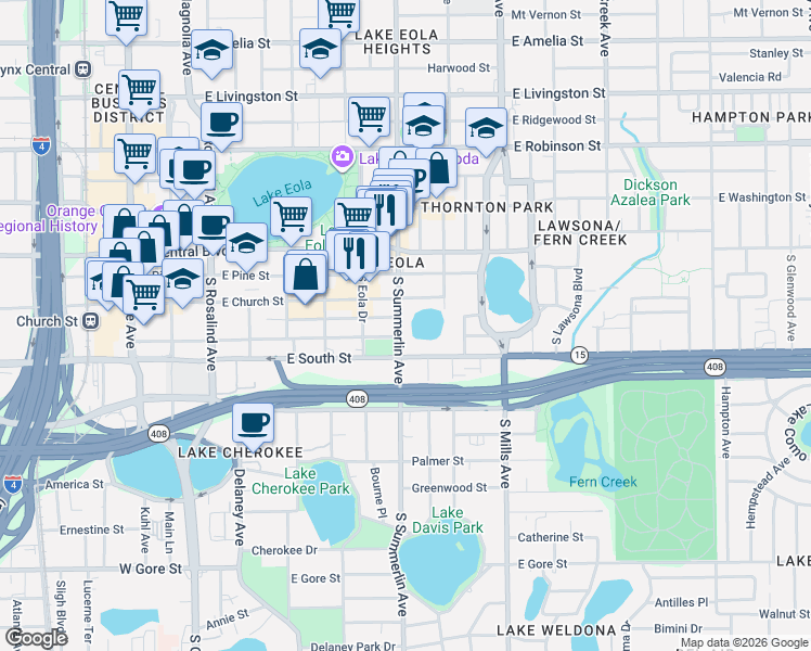 map of restaurants, bars, coffee shops, grocery stores, and more near 715 East South Street in Orlando